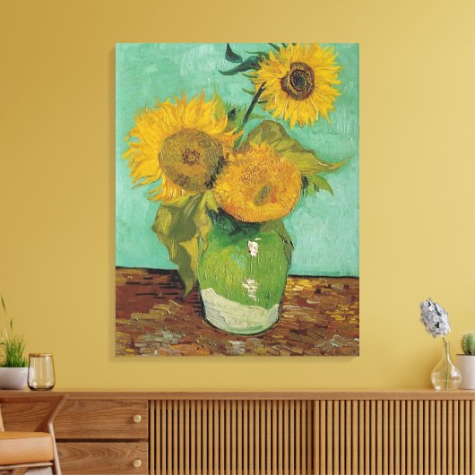 Vase met drie zonnebloemen, Vincent van Gogh Canvas Afdruk (Insitu (Woonkamer))