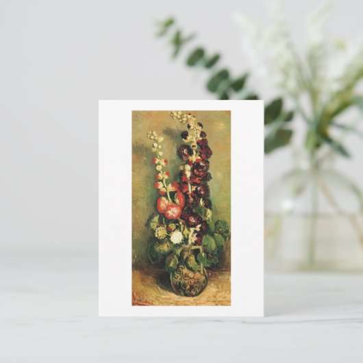 Vase met Hollyhocks (F235) Van Gogh Fine Art Briefkaart (Staand voorkant)