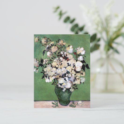 Vase met roze rozen (F682) Van Gogh Fine Art Briefkaart (Staand voorkant)