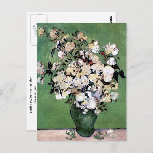 Vase met roze rozen (F682) Van Gogh Fine Art Briefkaart (Voorkant / Achterkant)