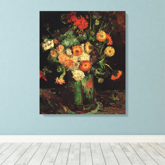 Vase met Zinnias en Geraniums, Vincent van Gogh Canvas Afdruk (Insitu (Houten vloer))
