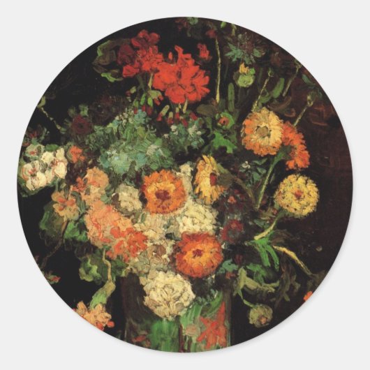 Vase met Zinnias en Geraniums, Vincent van Gogh Ronde Sticker (Voorkant)