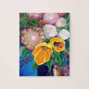 Vase van bloemen — Proteas, Tulpen en Rozen Legpuzzel