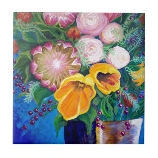 Vase van bloemen — Proteas, Tulpen en Rozen Tegeltje (Voorkant)