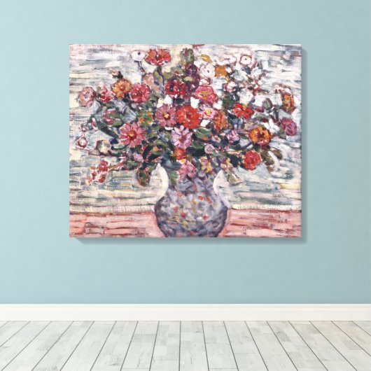 Vase van bloemen, Zinnias, door Maurice Prendergas Canvas Afdruk (Insitu (Houten vloer))