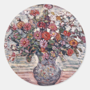 Vase van bloemen, Zinnias, door Maurice Prendergas Ronde Sticker
