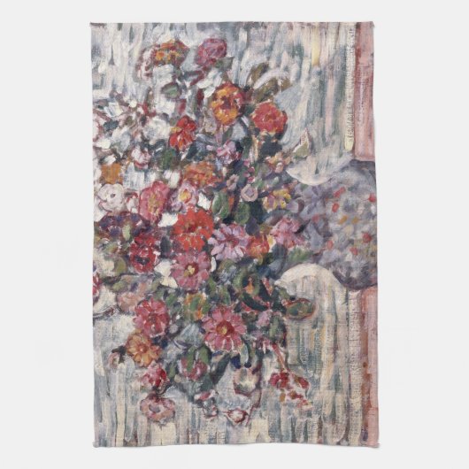 Vase van bloemen, Zinnias, door Maurice Prendergas Theedoek (Verticaal)