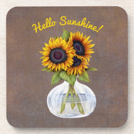Vase van drie mooie zonnebloemen op bruin bier onderzetter (Voorkant)