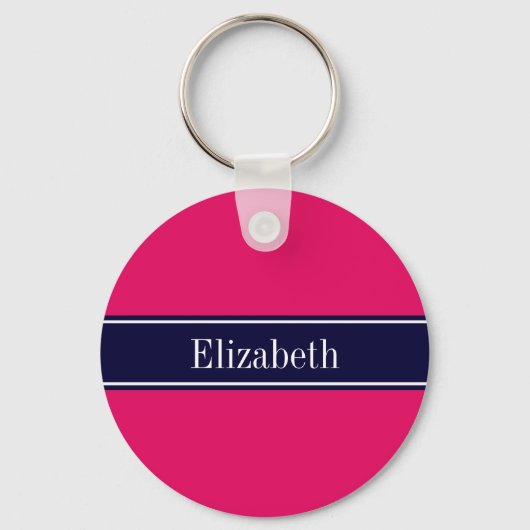 Vaste frambozen, monogram Navy Blue Ribbon Name Sleutelhanger (Voorkant)