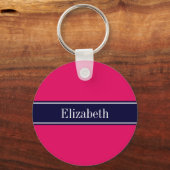 Vaste frambozen, monogram Navy Blue Ribbon Name Sleutelhanger (Voorkant)