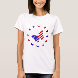 Vaste rode, witte en blauwe vlinder t-shirt