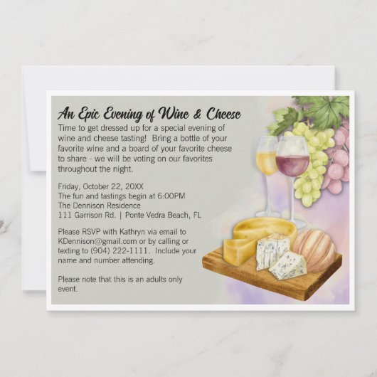 Vaste uitnodiging van de partij Wijn en Kaas (Voorkant)