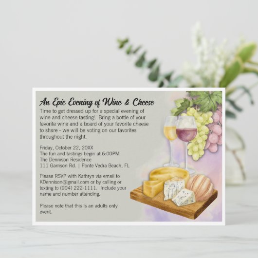 Vaste uitnodiging van de partij Wijn en Kaas (Staand voorkant)
