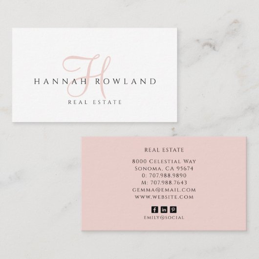 Vastgoed Blush Roze Script Monogram Naam Visitekaartje (Voorkant / Achterkant)