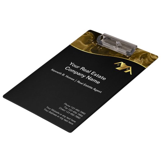 Vastgoed. Bouw. Zwart Goud Klembord (Gekanteld)