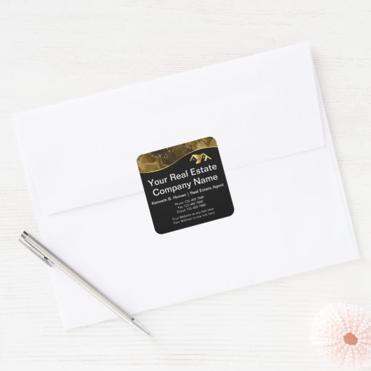 Vastgoed. Bouw. Zwart Goud Vierkante Sticker (Envelop)