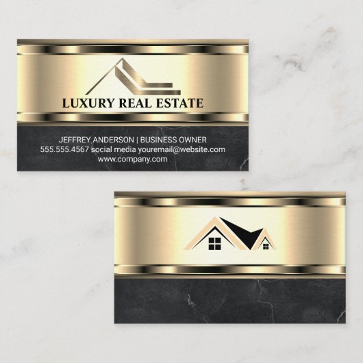 Vastgoed Golden Logo | Metallic goud marmer Visitekaartje (Voorkant / Achterkant)