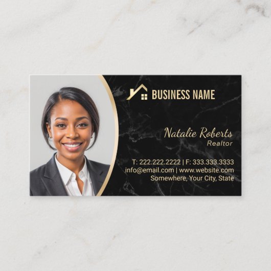 Vastgoed Goud Huis Logo Realtor Marmer Foto Visitekaartje (Voorkant)