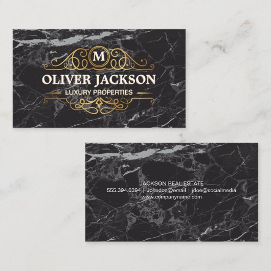 Vastgoed | Gouden Elementen | Zwarte Marmer Visitekaartje (Voorkant / Achterkant)