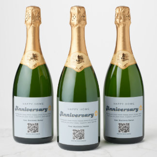 Vastgoed Home-jubileum QR-code Retro Blauw Sparkling Wijnetiket