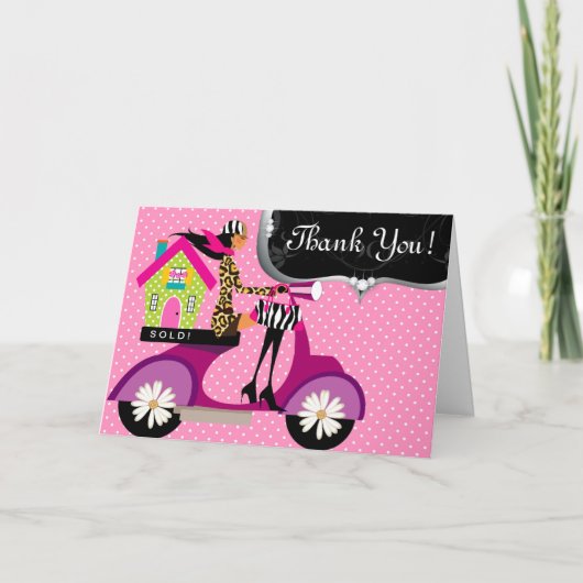 Vastgoed Huis Scooter Meisje Stippen Dank u 3 Bedankkaart (Voorkant)