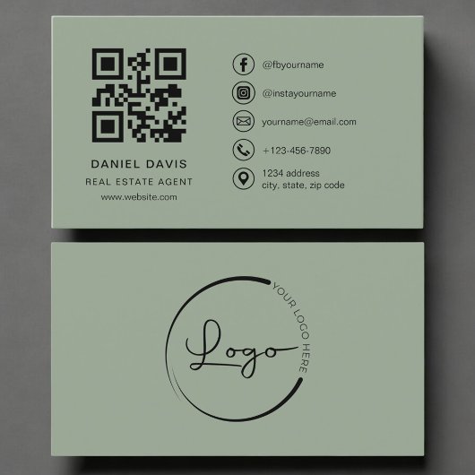 Vastgoedagent Sage Green Logo QR-code Visitekaartje