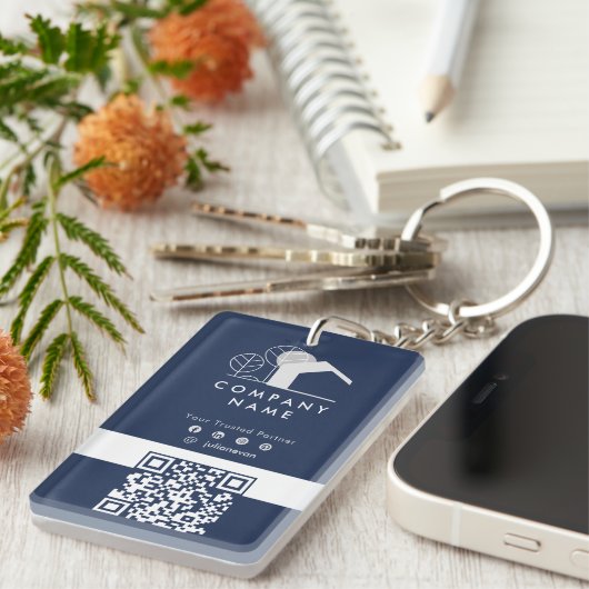 Vastgoedbedrijf Navy Blue and White QR-code Sleutelhanger (Voorkant Rechts)