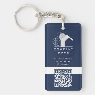 Vastgoedbedrijf Navy Blue and White QR-code Sleutelhanger