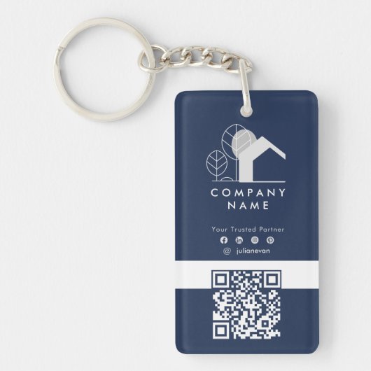Vastgoedbedrijf Navy Blue and White QR-code Sleutelhanger (Voorkant)