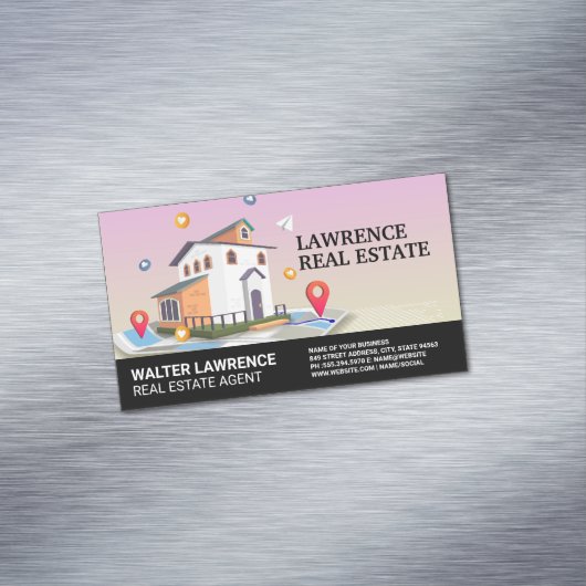 Vastgoedbouwkaart en pictogrammen magnetisch visitekaartje (Voorbeeld)