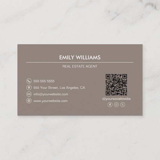 Vastgoedfoto QR Social Media Taupe Visitekaartje (Achterkant)