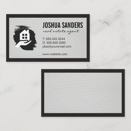  Vastgoedlogo | Leren Afwerking | Zwarte Rand Visitekaartje (Voorkant / Achterkant)