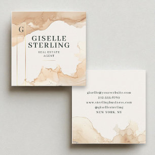 Vastgoedmakelaar Beige Waterverf Gold Foil Vierkante Visitekaartje