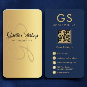 Vastgoedmakelaar Gold Navy Blue QR Code Monogram Visitekaartje