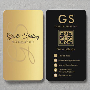Vastgoedmakelaar Monogram Gold Black QR-code Visitekaartje