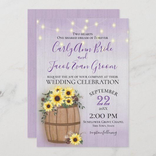 Vat van Zonnebloemen Rustiek Hout en Lichten Paars Kaart (Voorkant / Achterkant)