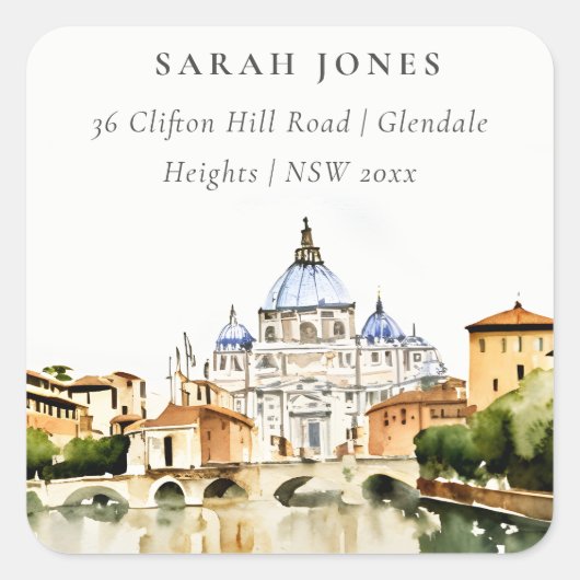 Vaticaan Rome Italië Waterverf Landschap Adres Vierkante Sticker (Voorkant)