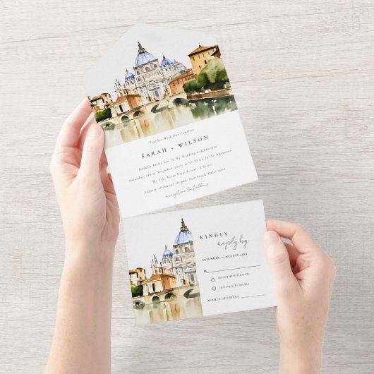 Vaticaan Rome Waterverf Landschap Weddenschap All In One Uitnodiging (Afscheurbaar)