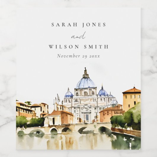 Vaticaan Rome Waterverf Landschap Weddenschap Wijn Etiket (Enkel label)