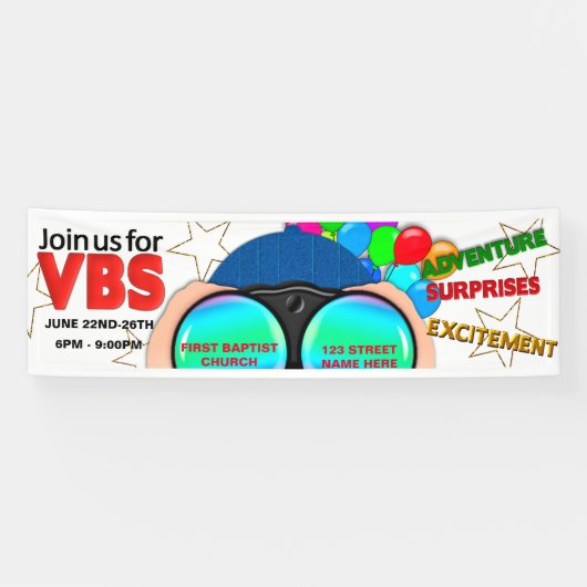 VBS adverteert banner, Binocles, Kleurrijke Tekst Spandoek (Horizontaal)