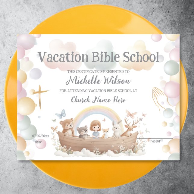 VBS Certificaat Vakantie Bijbelschool (noah's arc children illustration in pastel colors)