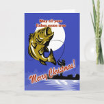 Vecht op bootende zeebaars feestdagen kaart<br><div class="desc">Kerstdag-wenskaart met Fly Fisherman op bootlargemouth bass retro-achtige illustratie</div>