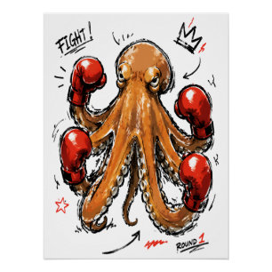 Vecht Ronde 1 Boksen Octopus – Krachtige Handgetek Perfect Poster