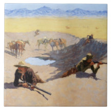 Vecht voor het watergat (door Frederic Remington)