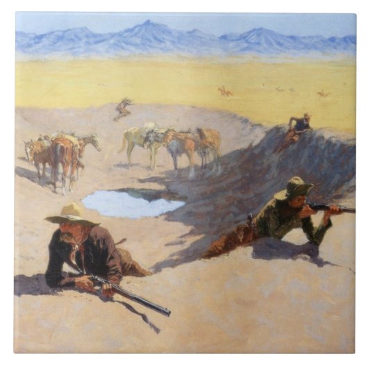 Vecht voor het watergat (door Frederic Remington) Tegeltje (Voorkant)