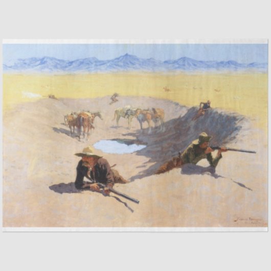 Vecht voor het watergat (door Frederic Remington) Tissuepapier (Voorkant)