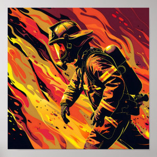 Vector brandweerman met vlammen achtergrond poster