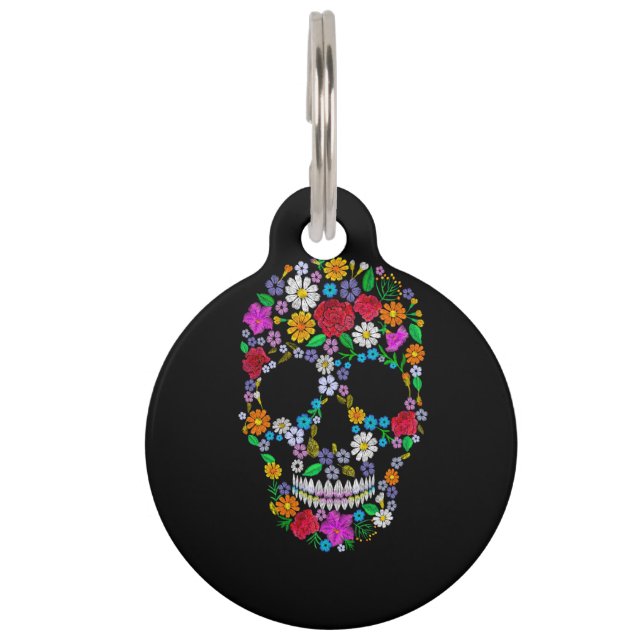 Vector  geborduurde bloemschedel. muertos d huisdierpenning (Voorkant)