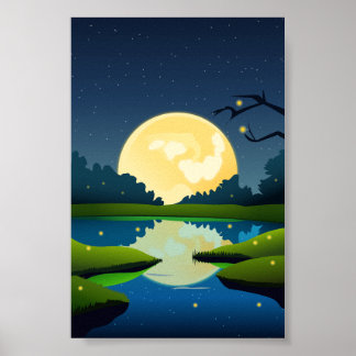 Vector maanlicht nacht landschap achtergrond poster