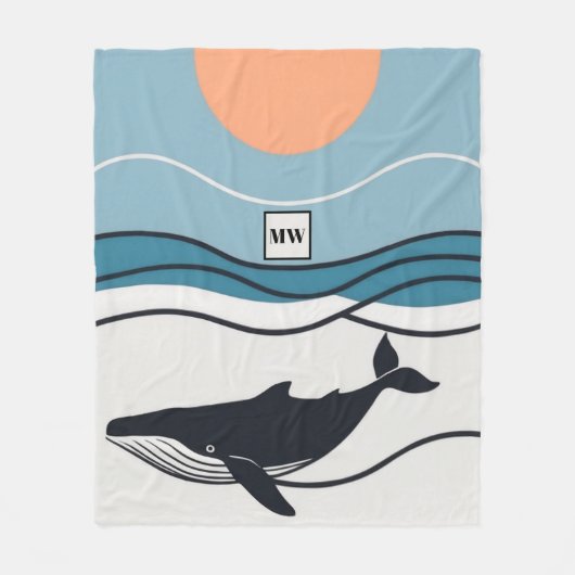Vector minimalistische walvis in de oceaan monogra fleece deken (Voorkant)